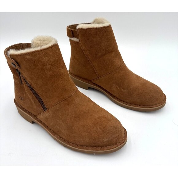 UGG Kayel Women's Chestnut Suede Shearling-Lined Ankle Boots Side Zipper Size 8 - Picture 1 of 12